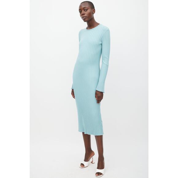 SIMON MILLER Teal Light Blue Ribbed Long Sleeve Fitted Maxi Dress Size Medium - Picture 5 of 14